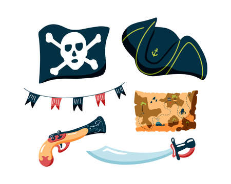Pirate set of hand-drawn elements. Vector illustration of cocked hats, weapons, pirate flag and treasure mapのイラスト素材