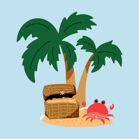 An island with a pirate treasure chest, palm tree and crab. Adventure concept from vector isolated illustrations. Set of elements.のイラスト素材
