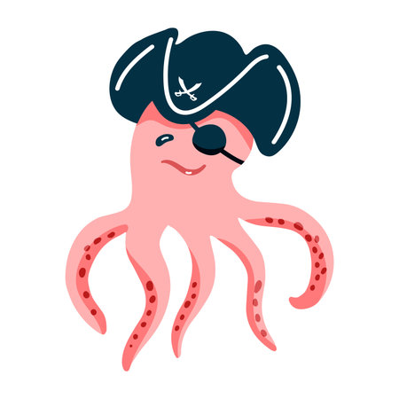 Funny octopus in a pirate cocked hat and bandage isolated on a white background. Marine mammal in the form of a pirate. Handdrawn vector illustrationのイラスト素材