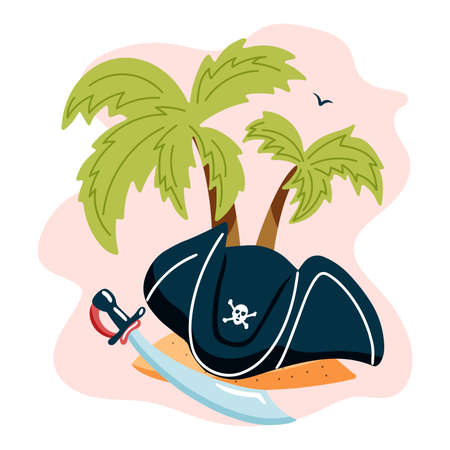 Pirate cocked hat with saber and palm trees on the background. Vector illustration in hand drawn style. Isolated elementsのイラスト素材