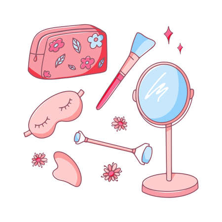 Cosmetic accessories set. Hand drawn icons of female cosmetic bag, table mirror, massagers, brush and eye night mask. Beauty concept isolated elementsのイラスト素材