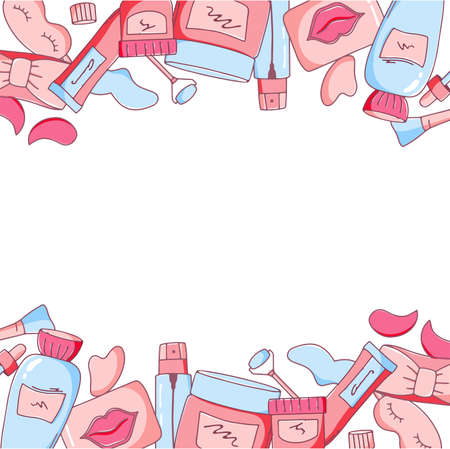 Square banner, background with skin care cosmetics. Design elements for beauty concepts, vector illustration in hand drawn styleのイラスト素材