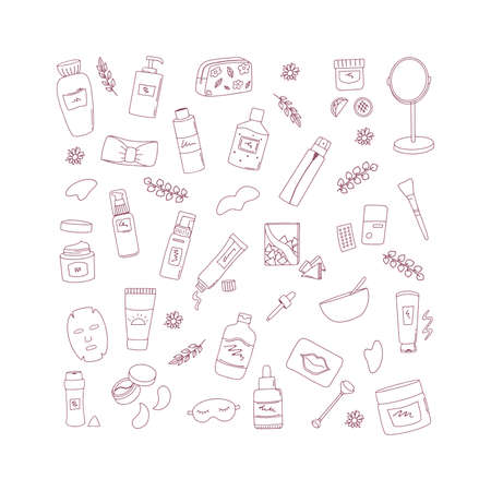 Skin care doodle set isolated on the background hand drawn linear elements. Collection of cosmetic packaging. Vector beauty illustrationのイラスト素材