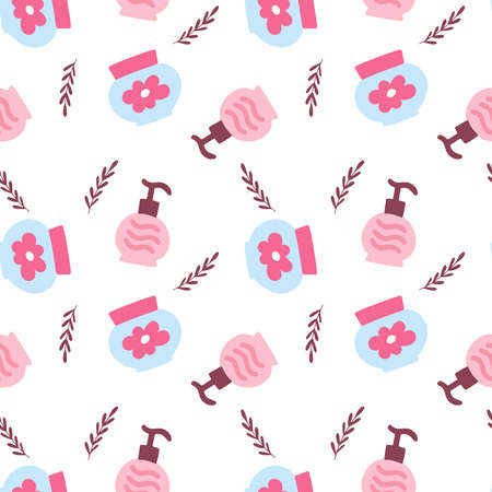 Seamless beauty pattern with handdrawn skincare cosmetic products on a white background. Vector endless texture with jar of cream and wash gelのイラスト素材
