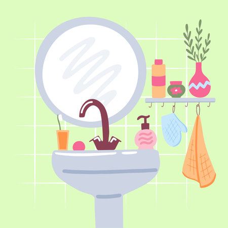 Beauty concept. Round mirror, sink and bathroom shelf with cosmetics and skin care accessories. Vector hand drawn illustrationのイラスト素材