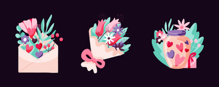 Valentines Day set of concepts with a bouquet of flowers, an envelope and a jar with hearts. Vector hand drawn illustration for February 14thのイラスト素材