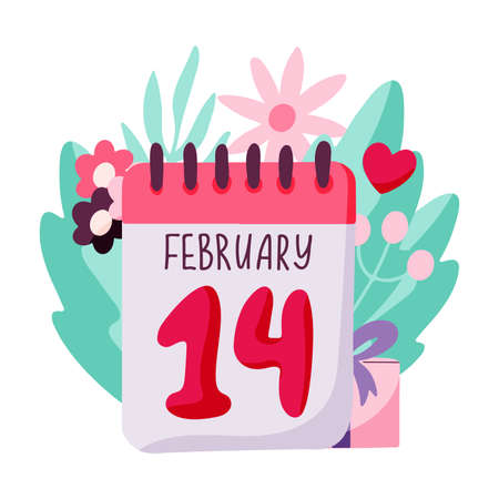 Valentine's day concept with a loose-leaf calendar on a floral background. The 14th of February. Vector hand drawn illustrationのイラスト素材