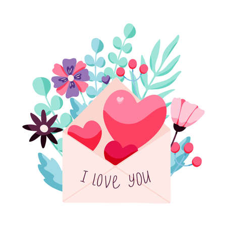 Hand drawn envelope with hearts on a floral background. Vector illustration for Valentine's Day. Love messageのイラスト素材