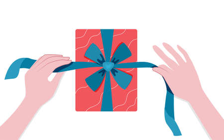 Gift wrapping. Women's hands tie a ribbon with a bow. The season of giving concept. Vector illustration in a flat style. Gift box packagingのイラスト素材