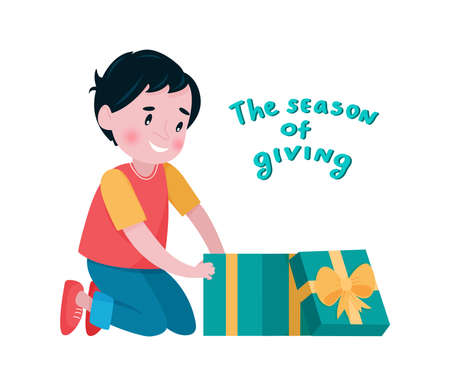 The boy takes out his present from an open gift box. Vector illustration in a flat style. Lettering The season of givingのイラスト素材
