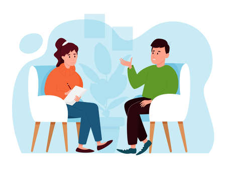 Psychotherapy session. A man tells a psychologist about his problems. Mental health concept. Vector illustrationのイラスト素材