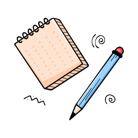 Notepad and pencil. Hand drawn vector set of doodle elementsのイラスト素材