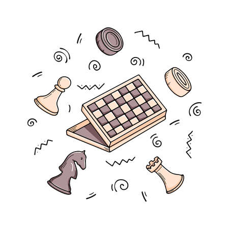 Chessboard with individual pieces and checkers. Vector doodle illustration. Set of hand drawn board game elementsのイラスト素材