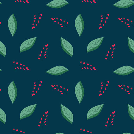Seamless romantic pattern with leaves and twigs. Vector endless texture with floral elements on dark...