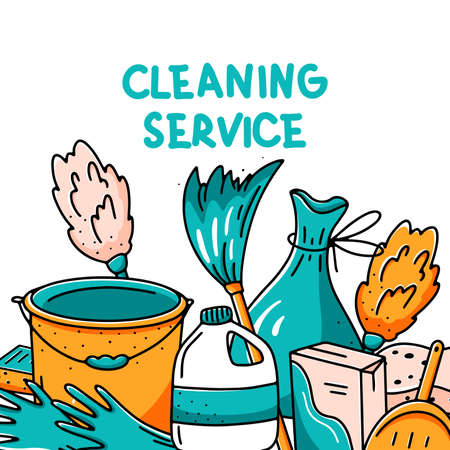 Cleaning service concept with hand drawn elements and lettering. Vector illustration in doodle styleのイラスト素材