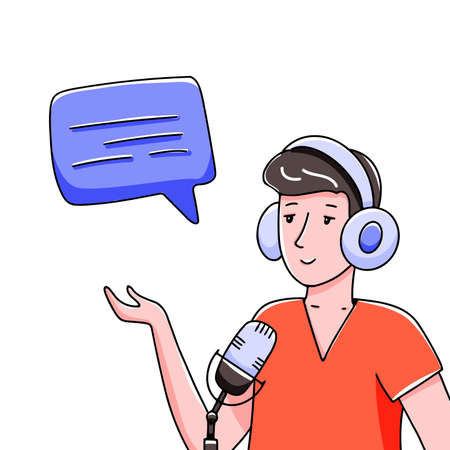 A young man in headphones is recording a podcast. Broadcast concept. Vector hand drawn illustrationのイラスト素材