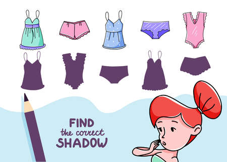 Find the correct shadow. Cute girl's underwear. Educational game for kids. Collection of children's games. vector illustration in cartoon styleのイラスト素材