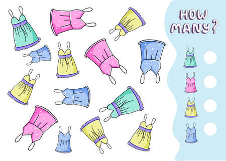 Counting educational game for preschool kids. Math children activity sheet. Count how many dresses there are and write down the result. vector illustrationのイラスト素材