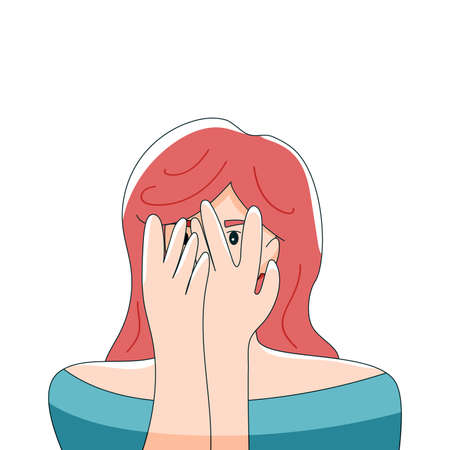 A young woman covers her face and looks through her fingers. Female avatar, showing complexes, shyness. Vector illustration in hand drawn style.のイラスト素材