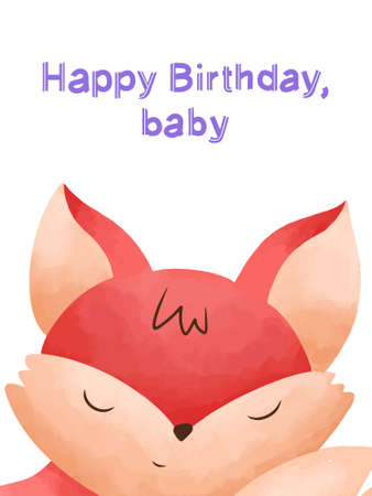 Greeting card with a cute sleeping fox curled up. Vector illustration in a watercolor style with the inscription Happy Birthday baby.のイラスト素材