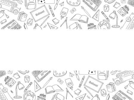 Black and white back to school banner made of doodle elements. School banner for students for the beginning of the school year. Vector hand-drawn illustration.のイラスト素材