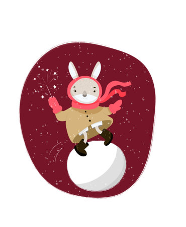 cute bunny in a winter coat, mittens, and boots rides on a big snow globe. And he's holding a Bengal fire in his hands. vector illustrationのイラスト素材