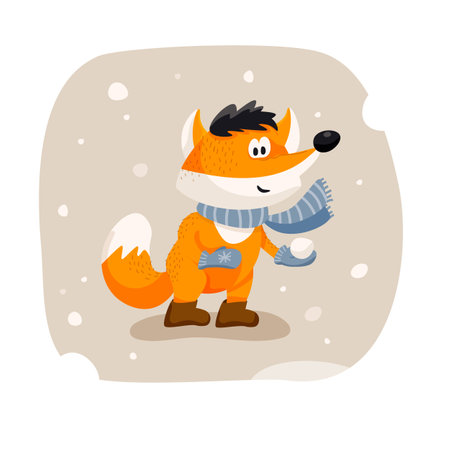 A cute full-length fox in a winter scarf and boots holding a snowball in his paws. Vector funny animal isolated on white backgroundのイラスト素材