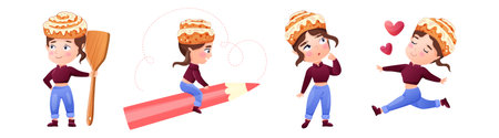 Characters set with a cinnamon bun. Girl in different poses with a bun on her head. Vector illustration for cooking, bakeryのイラスト素材