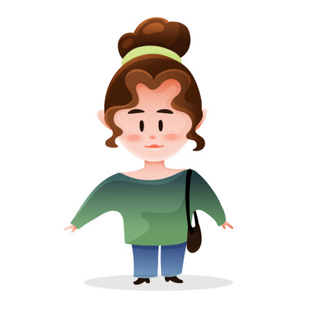 Cute fashionable girl with shoulder purse in cartoon style. Vector illustration with female trendy character isolated on white backgroundのイラスト素材