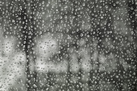 Water drops of rain on the window glass in gloomy weather. Street bokehの写真素材