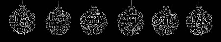 Christmas balls with white patterns on black background of bright lights.のイラスト素材