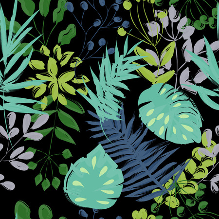 Seamless pattern of blue and green plants on a black backgroundのイラスト素材