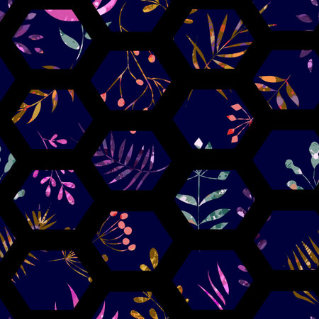 Seamless pattern flowers and leaves in hexagons on a black background