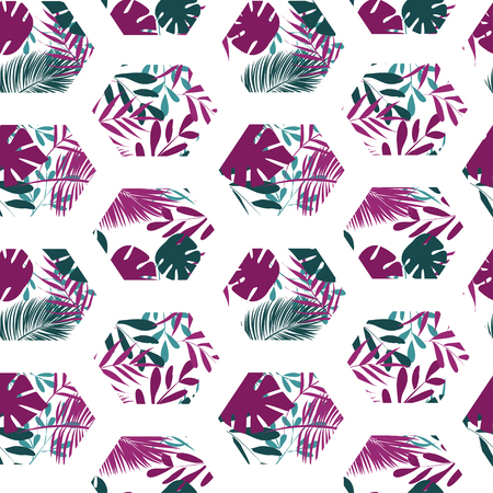 Seamless pattern of colored flowers and leaves isolated on white background in hexagonsのイラスト素材