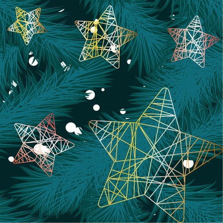 New Year's pattern.Golden Christmas tree toys on the background of a green Christmas treeのイラスト素材