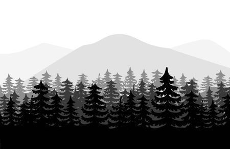 Silhouette illustration of a forest with a mountain view.のイラスト素材