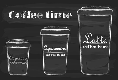 Coffee to go. latte, cappuccino and espresso. black and white illustrationのイラスト素材
