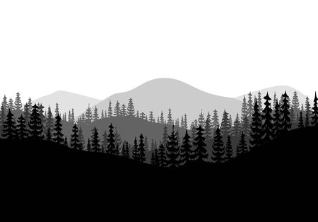 Silhouette illustration of a forest with a mountain view.のイラスト素材