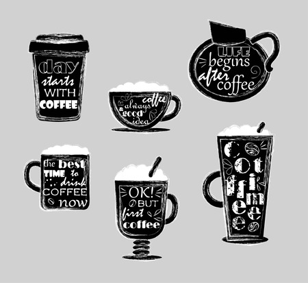 Text about coffee on coffee cups. vector illustrationのイラスト素材