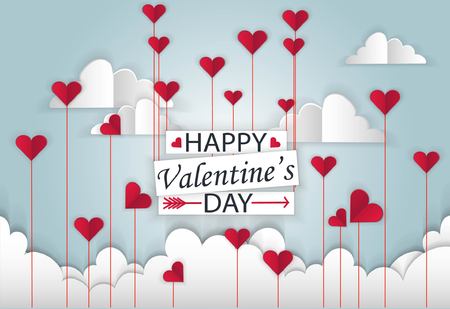 paper hearts  and clouds soar in the sky, balls raise Illustration for Valentine's Day.のイラスト素材