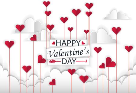 Paper hearts soar in paper clouds illustration for Valentine's Day.のイラスト素材