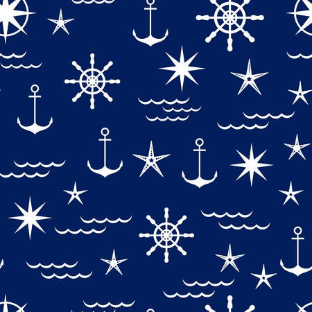 A nautical pattern in shades, vector illustration. white objects on a blue backgroundのイラスト素材