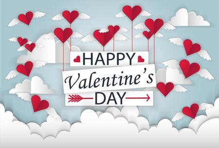 A heart soaring on a background of sky and clouds. balls raise the plate on Valentine's day. illustration for Valentine's day.のイラスト素材