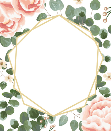 background for text from pink peonies, Jasmine, gray and green eucalyptus.invitation, postcard with eucalyptus. rustic style, Botanical style. burrow with greens and flowers. vector illustrationのイラスト素材