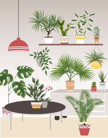 potted plants and flowers in different pots and planters. vector illustration in watercolor style. plants in the interiorのイラスト素材