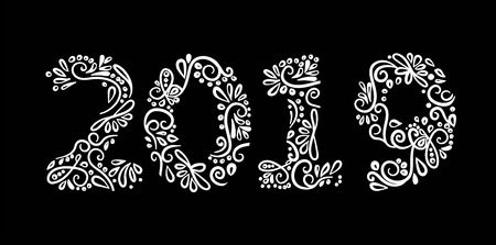 2019 year lettering. Modern inscription with swirl elements in black color. Handwritten text, calligraphy. Can be used for greeting cards, posters and leafletsの写真素材
