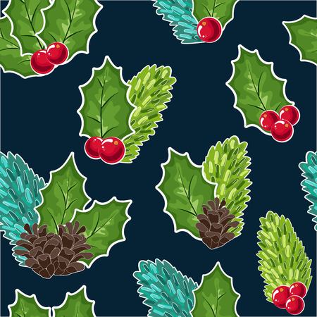 seamless pattern of Cranberries, cones and fir branches and berries. Cowberry Doodle vector illustration in red and green. The cranberries image to your menu and packaging design. Christmas pattern.のイラスト素材
