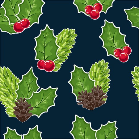 seamless pattern of Cranberries, cones and fir branches and berries. Cowberry Doodle vector illustration in red and green. The cranberries image to your menu and packaging design. Christmas pattern.のイラスト素材
