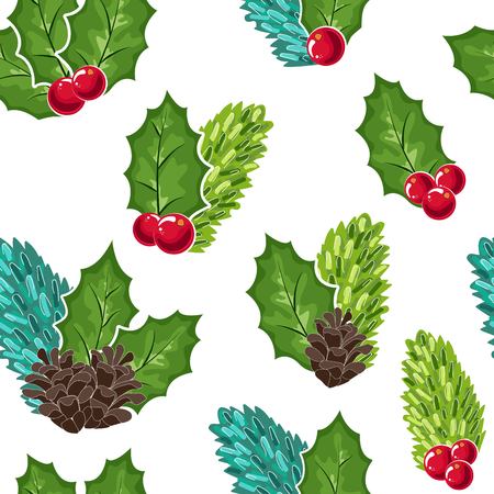 seamless pattern of Cranberries, cones and fir branches and berries. Cowberry Doodle vector illustration in red and green. The cranberries image to your menu and packaging design.Christmas pattern.のイラスト素材