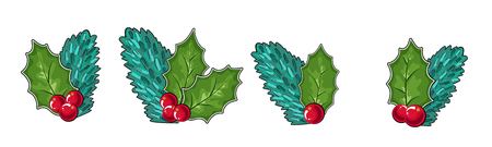 cones, leaves and cranberries, isolated objects. Vector illustration. Traditional Christmas decoration in flat design. vector illustrationのイラスト素材